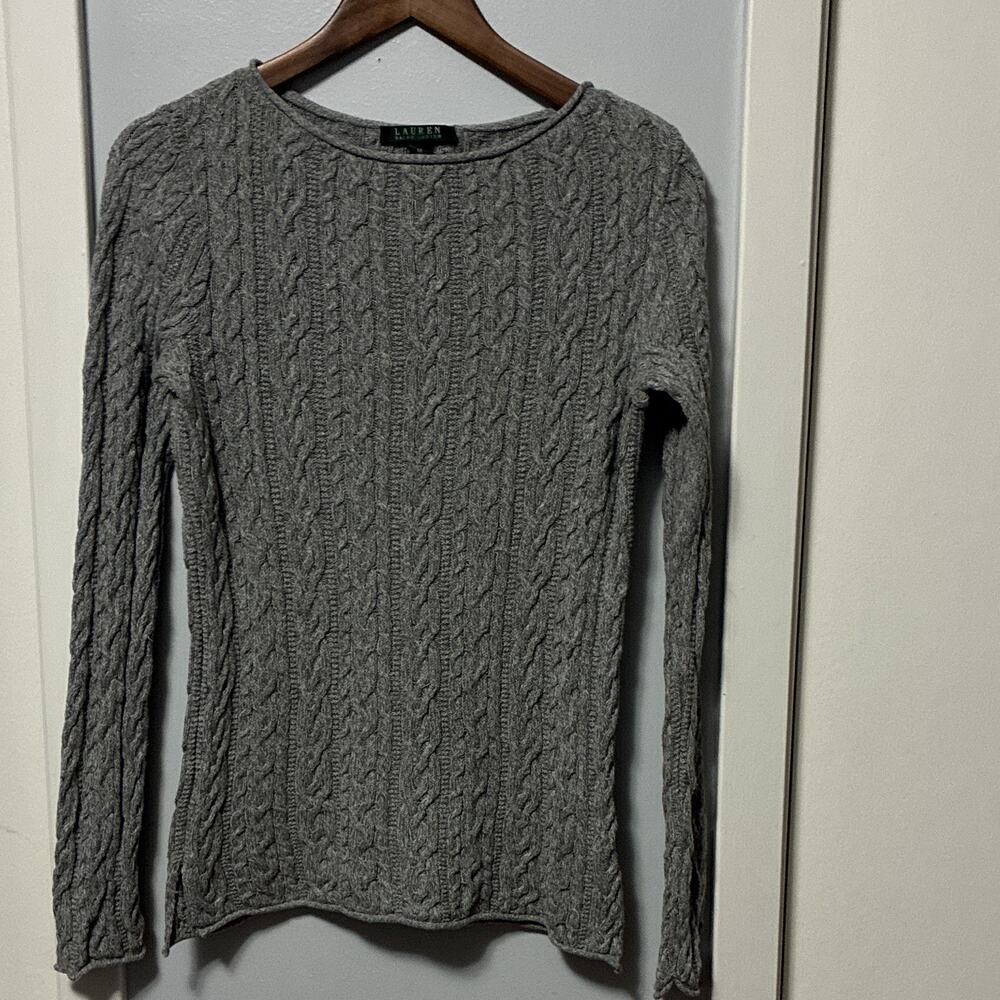 Vintage Lauren Ralph Lauren Grey Cable Knit Sweater Cozy Sz M 100% Cotton Preppy